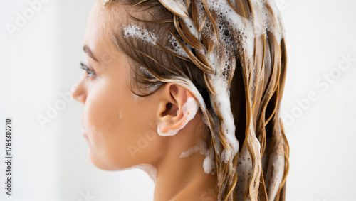 Woman washing her long hair with shampoo. Close-up of sudsy foam and lather. Hair care and beauty routine concept.