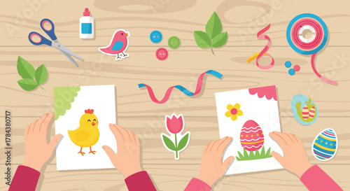 Children's hands are busy with Easter-themed crafts on a wooden table, surrounded by various art supplies and colorful drawings of chicks and decorated eggs.