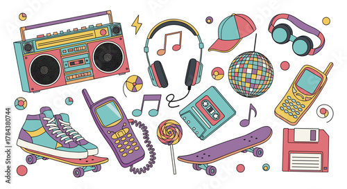 A vibrant collection of retro 80s and 90s pop culture items and accessories, including boomboxes, roller skates, and cassette tapes, evokes a sense of nostalgia.