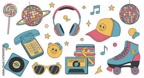 A playful, retro-themed collection featuring a disco ball, roller skate, headphones, cassette tape, vintage phone, and other nostalgic 80s and 90s items.