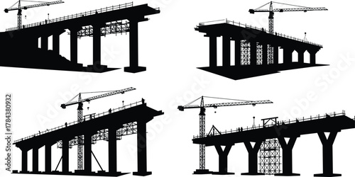 Bridge construction silhouettes with cranes and workers, highway overpass building, infrastructure engineering, heavy construction machinery vector illustration