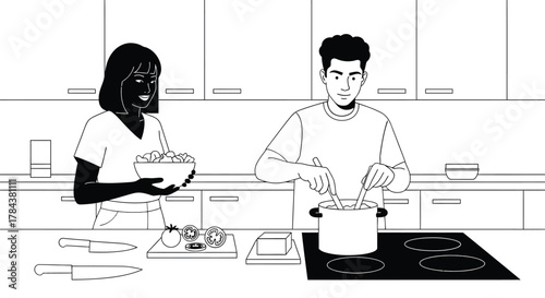 Couple cooking together healthy meal in kitchen lifestyle scene