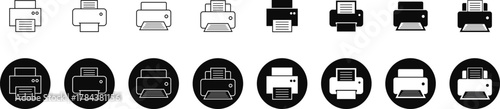 Printer icon set, print device vector collection, modern flat and line outline printer symbols for office, technology, documents, and paper printing, black and white circle button icons pack