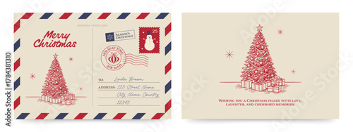 Christmas Postcard Template with Vintage Airmail Style for Printable Greetings Cards & Wish Lists