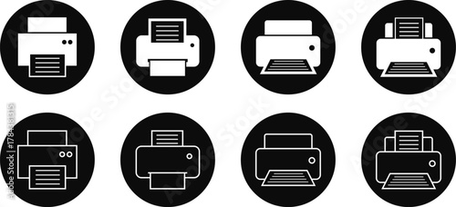 Printer icon set, print device vector collection, modern flat and line outline printer symbols for office, technology, documents, and paper printing, black and white circle button icons pack