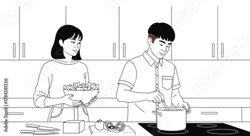 Couple cooking together healthy meal preparation kitchen scene