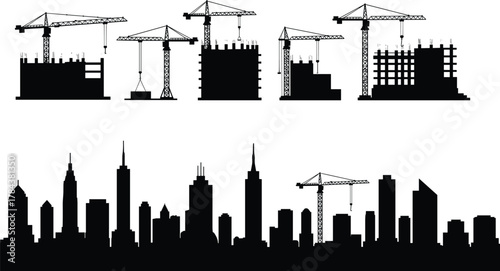 City construction silhouettes with cranes and skyscrapers, modern urban skyline, building development, industrial architecture, tower crane vector illustration