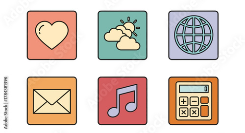 Vector icons set heart sun globe mail music calculator design app