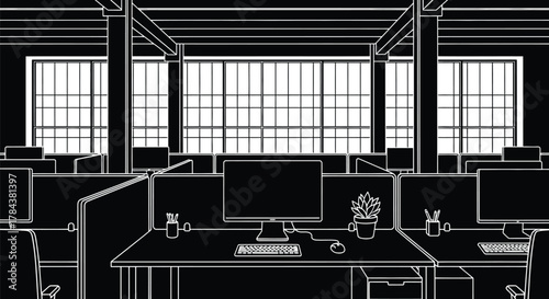 Office interior design black and white workspace illustration