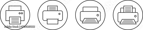 Printer icon set, print device vector collection, modern flat and line outline printer symbols for office, technology, documents, and paper printing, black and white circle button icons pack