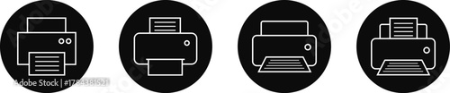 Printer icon set, print device vector collection, modern flat and line outline printer symbols for office, technology, documents, and paper printing, black and white circle button icons pack