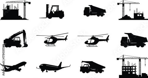 Construction and transport silhouettes, cranes, excavators, dump trucks, forklifts, helicopters, airplanes, industrial machinery, building site vehicles, black vector illustration