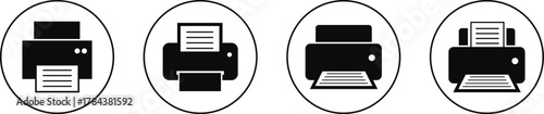 Printer icon set, print device vector collection, modern flat and line outline printer symbols for office, technology, documents, and paper printing, black and white circle button icons pack