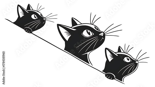 Three black cat heads peek over a line in a simple design