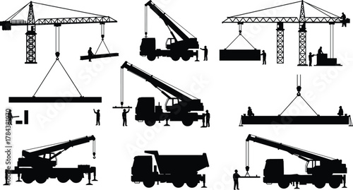 Construction cranes and workers silhouettes, mobile cranes, tower cranes, lifting beams, heavy machinery, industrial building equipment vector illustration, engineering site