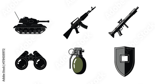 Military equipment vector illustration tank rifle grenade shield