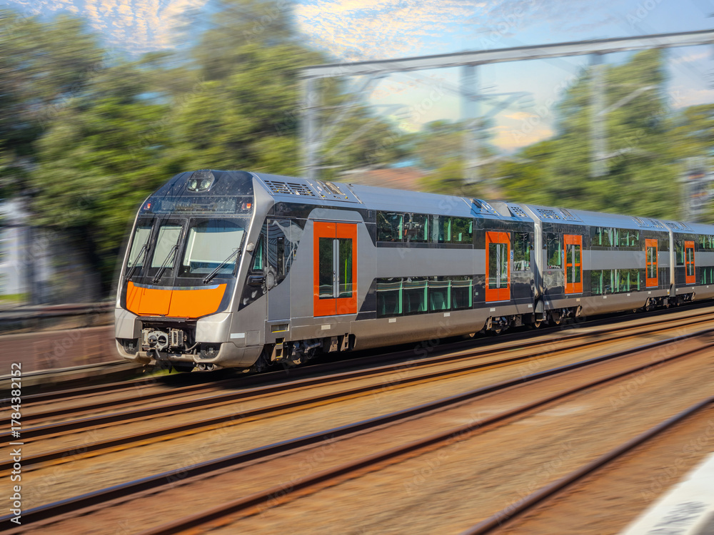 Fototapeta premium Passenger Train going through Summer Hill train station a suburban Sydney train Station NSW Australia