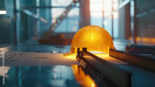 Yellow hardhat, blueprints, construction site, measuring tools, sunlight
