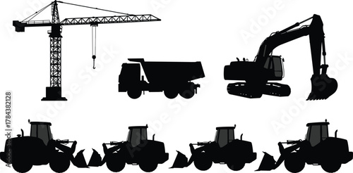 Construction equipment silhouettes, heavy machinery icons, tower crane, excavator, dump truck, bulldozer, loader vehicles, industrial machines, building tools, black vector illustration