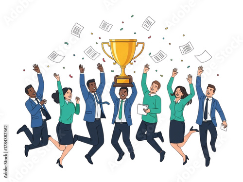 Financial Goal Achievement Celebration Concept with Diverse Business Team Jumping with Trophy and Confetti Flat Vector Illustration