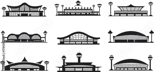 Modern airport terminal buildings and air traffic control towers set, aviation architecture design, passenger terminal facades vector illustration collection