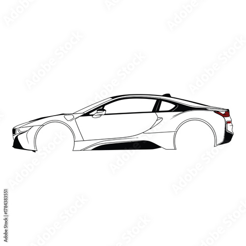 A sleek, modern sports car is depicted in a minimalist line drawing, showcasing its aerodynamic design and dynamic silhouette isolated on white background