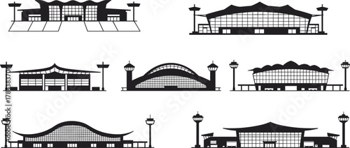 Modern airport terminal buildings and control towers, aviation architecture, passenger terminal design, air transportation infrastructure vector illustration set