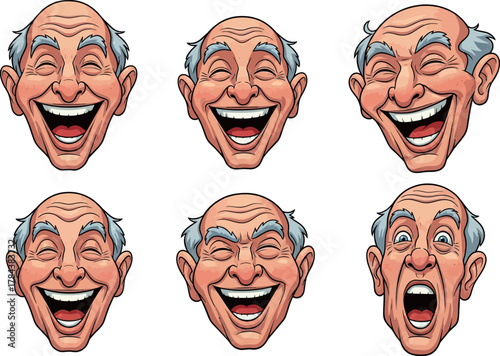 Six cartoon illustrations of an elderly man's head, bald with grey hair, showing various expressions of laughter and surprise.