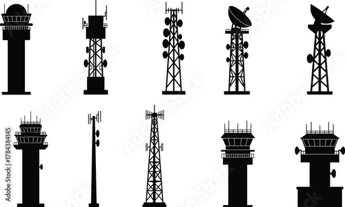 Silhouettes of air traffic control towers and communication antenna structures for airport, radar, and telecommunication engineering design projects
