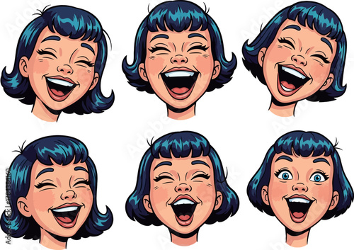 Six cartoon illustrations of a young woman's face expressing joy and laughter with different angles and expressions.