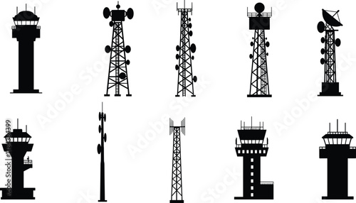 Silhouettes of control towers and communication antennas for airport, radar, and telecommunication infrastructure design and engineering projects