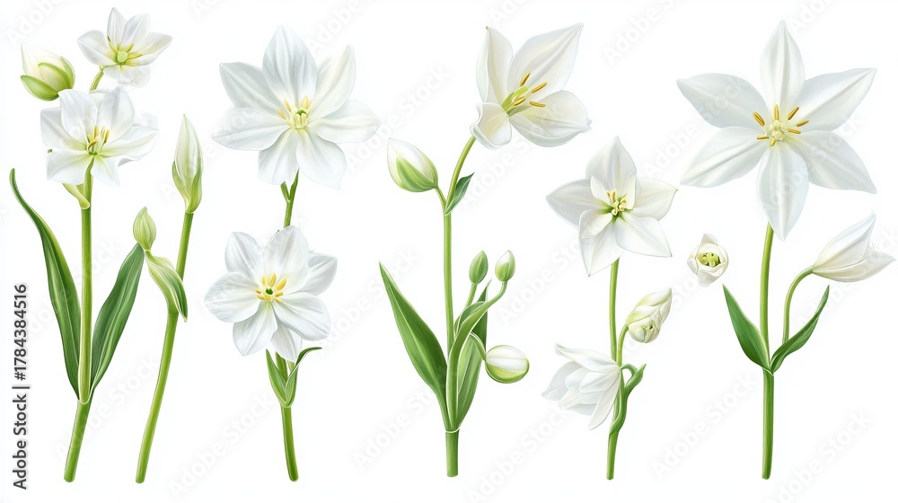 Fototapeta premium Delicate white ornithogalum flowers isolated on light background, elegant botanical floral design
