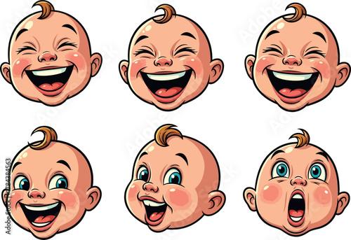 Six cartoon baby faces expressing various happy and surprised emotions, with wide smiles and open mouths.