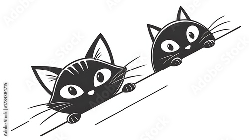 Two playful black cats with large eyes are depicted in motion