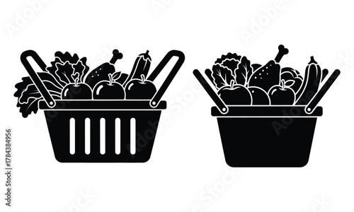 Groceries in a shopping basket icon set. food and market essential symbols.