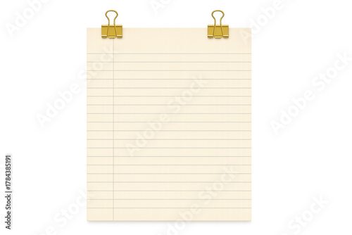 Lined paper sheet with golden binder clips, blank ruled notebook page for notes or messages, transparent background