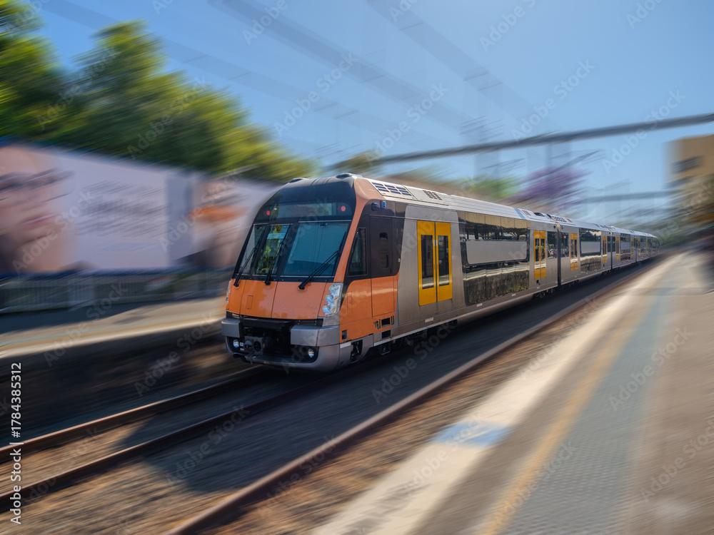 Fototapeta premium Passenger Train going through Summer Hill train station a suburban Sydney train Station NSW Australia