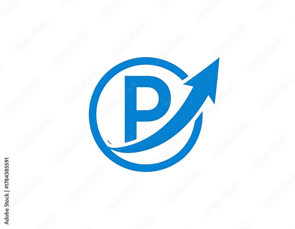 Fototapeta premium A blue uppercase letter inside a circle with a curved arrow pointing upwards, set against a clean white background