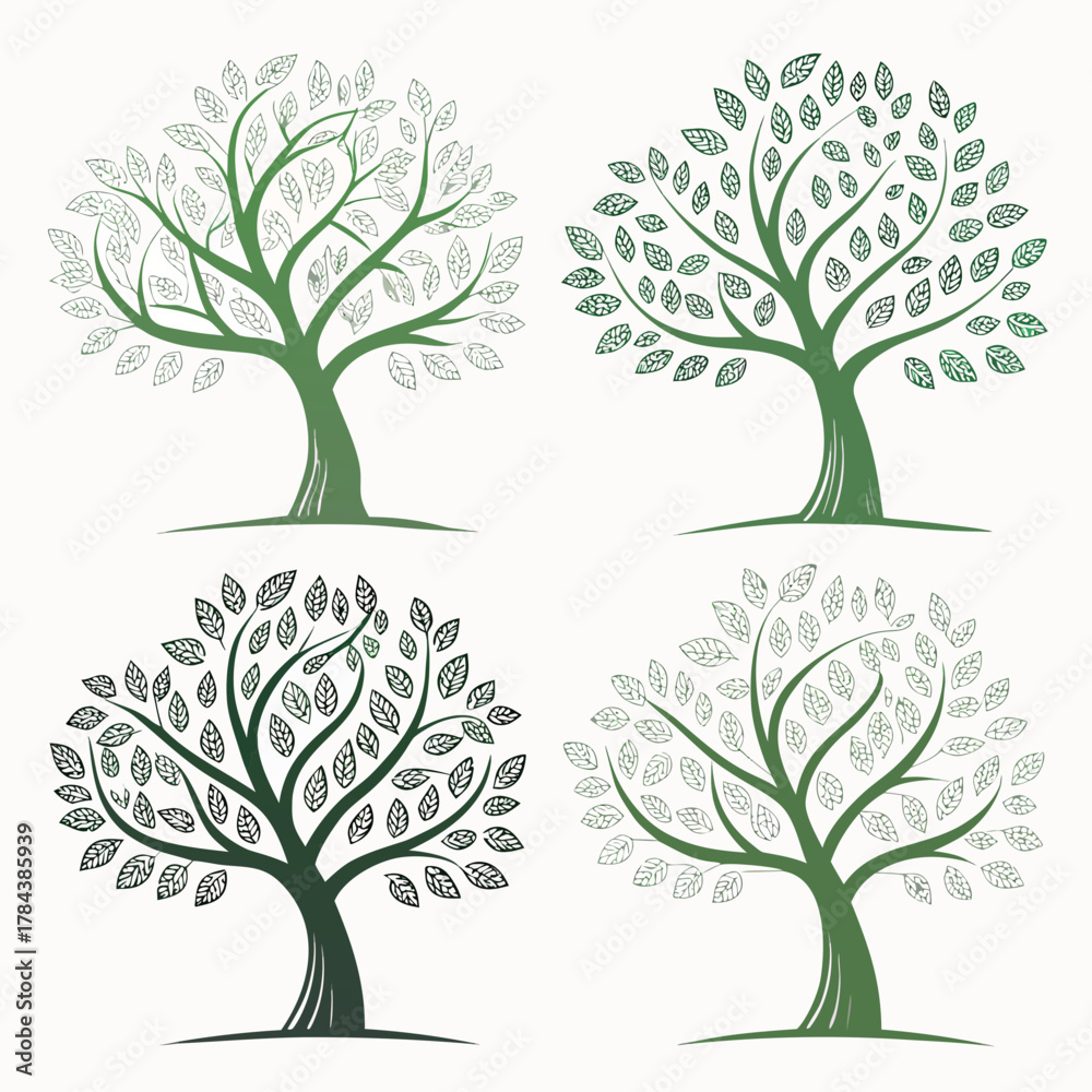 Obraz premium Four green gradient tree icons with subtle shading