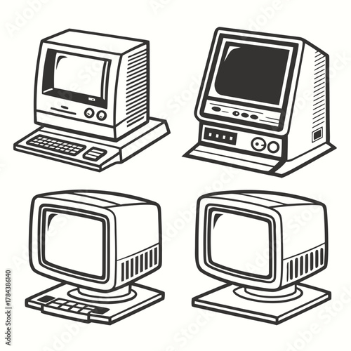 Four vintage computer icons with keyboards and monitors