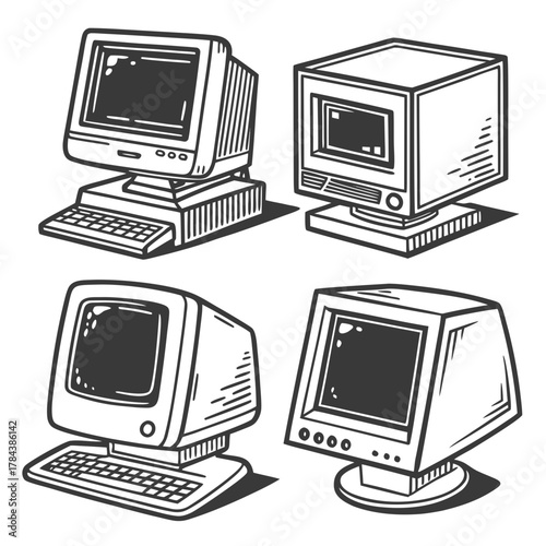 Four vintage computer monitors with keyboards retro