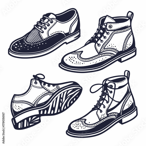 Four vintage style leather shoes with brogue detailing