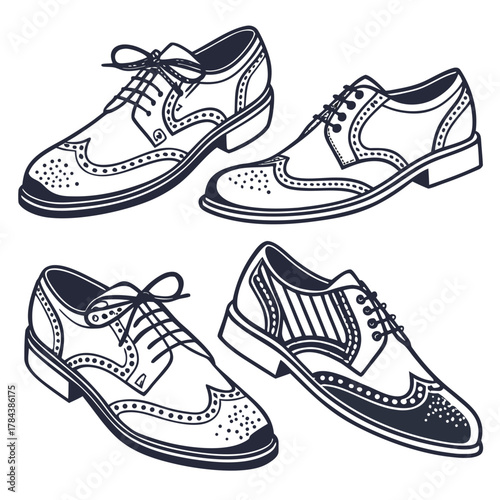 Four vintage style leather wingtip shoes line art retro