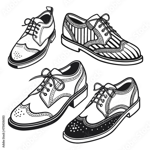 Four vintage style black and white wingtip shoe illustrations