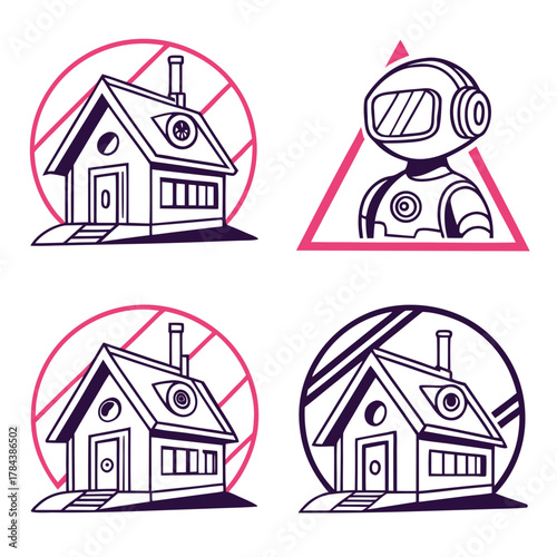 Four futuristic neon geometric icons with houses and robot