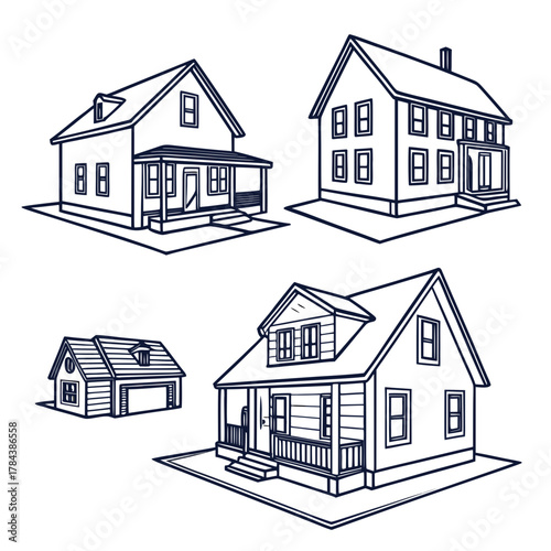 Four outline houses and garage in blueprint style home