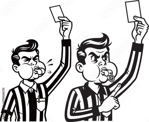 Two cartoon referees blowing whistles and holding up penalty cards, illustrating sports rules and authority.