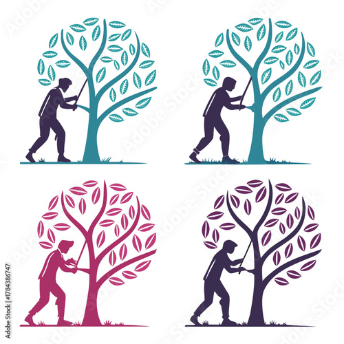 Four stylized trees with people pruning person silhouette