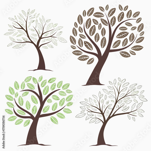 Four stylized trees with brown trunks and green or outlined leaves