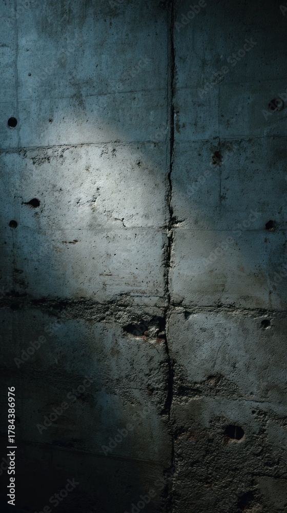 Obraz premium A textured concrete wall illuminated by soft light, showcasing shadows and a crack, creating a moody atmosphere.